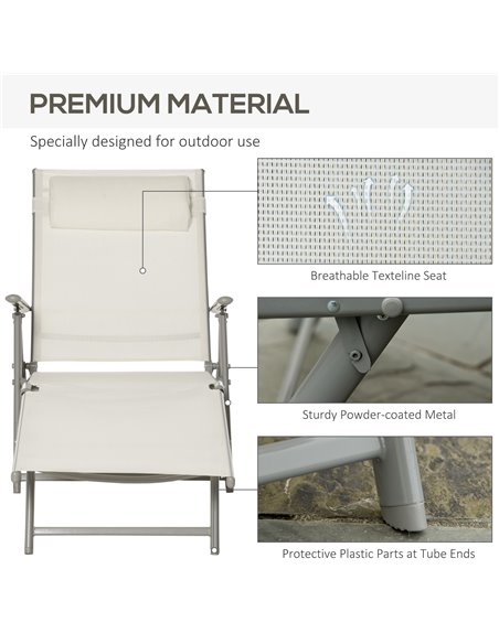 Outsunny Outdoor Patio Sun Lounger Garden Texteline Foldable Reclining Chair Pillow Adjustable Recliner with Cushion - Cream Whi - pic 23736 | FastDaddyshop