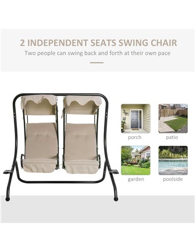 Outsunny 2-Seater Swing Chair Modern Relax Chair w/ 2 Separate Chairs, Cushions and Removable Shade Canopy, Beige