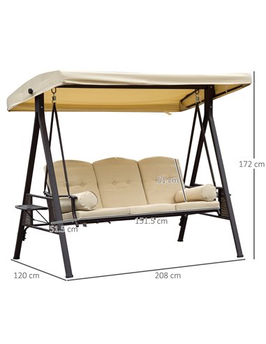Outsunny Steel 3 Seater Swing Chair with Canopy, Cushion, Beige