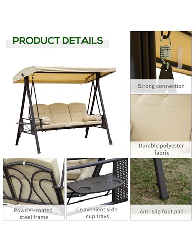 Outsunny Steel Swing Chair Hammock Garden 3 Seater Canopy Cushion Shelter Outdoor Bench Beige