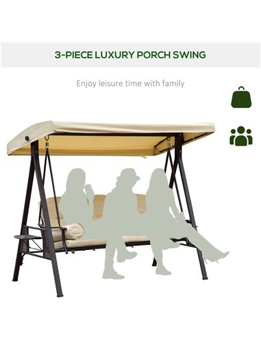 Outsunny Steel Swing Chair Hammock Garden 3 Seater Canopy Cushion Shelter Outdoor Bench Beige