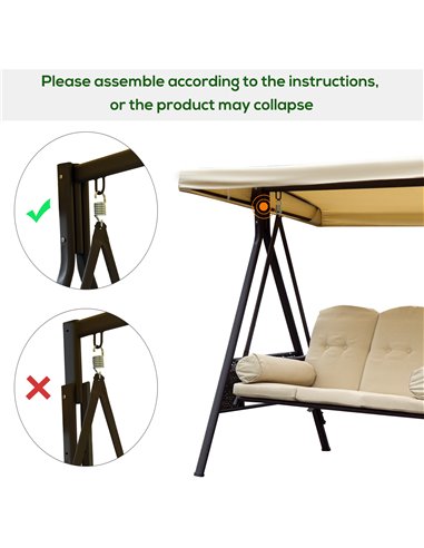 Outsunny Steel Swing Chair Hammock Garden 3 Seater Canopy Cushion Shelter Outdoor Bench Beige