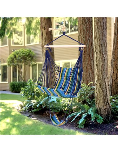 Outsunny Outdoor Cotton Cloth Hammock with Footrest, Blue Stripe