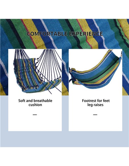 Outsunny Outdoor Hammock Hanging Rope Garden Yard Patio Swing Chair Seat Woodenwith Footrest Cotton Cloth Blue Stripe - pic 23778 | FastDaddyshop