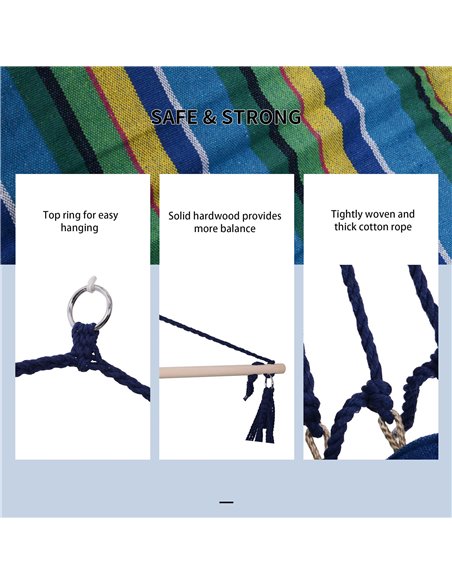 Outsunny Outdoor Hammock Hanging Rope Garden Yard Patio Swing Chair Seat Woodenwith Footrest Cotton Cloth Blue Stripe - pic 23779 | FastDaddyshop