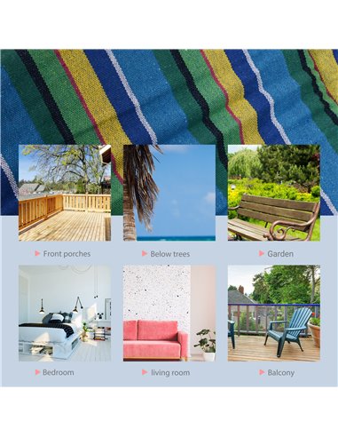 Outsunny Outdoor Hammock Hanging Rope Garden Yard Patio Swing Chair Seat Woodenwith Footrest Cotton Cloth Blue Stripe