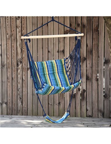 Outsunny Outdoor Hammock Hanging Rope Garden Yard Patio Swing Chair Seat Woodenwith Footrest Cotton Cloth Blue Stripe