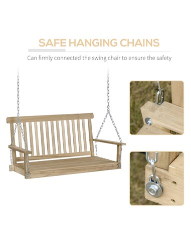 Outsunny Outdoor Outdoor Wooden 2-Seater Poch Swing Chair Hanging Hammock Garden Furniture,Natural Porch Bench Chains 