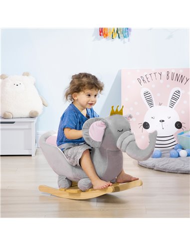 HOMCOM Baby Rocking Horse Elephant with Wooden Base Seat, Safety Belt, Grey