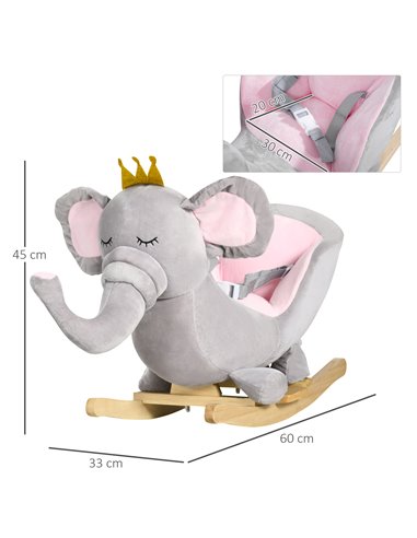 HOMCOM Baby Rocking Horse Elephant with Wooden Base Seat, Safety Belt, Grey