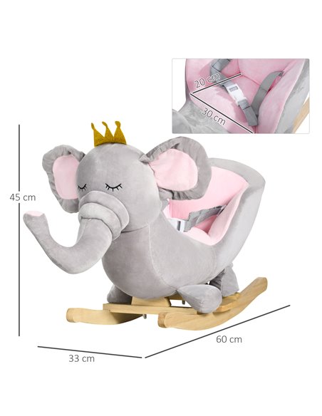 HOMCOM Baby Rocking Horse Elephant with Wooden Base Seat, Safety Belt, Grey - pic 23948 | FastDaddyshop