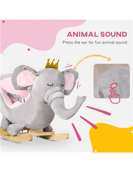 HOMCOM Baby Rocking Horse Elephant Rocking Chair Rocker Toy with Wooden Base Seat Safety Belt for 1.5-3 Year Old, Grey - pic 23950 | FastDaddyshop