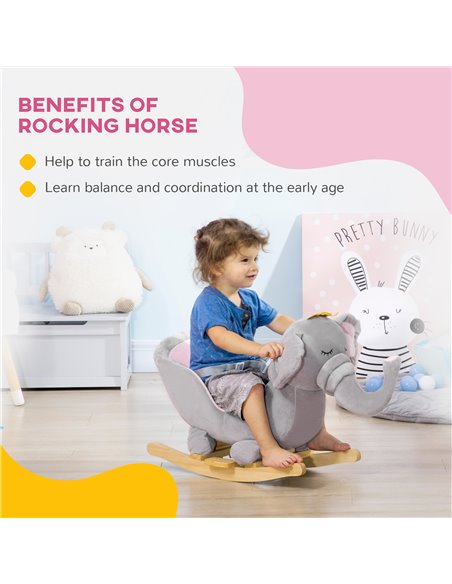 HOMCOM Baby Rocking Horse Elephant Rocking Chair Rocker Toy with Wooden Base Seat Safety Belt for 1.5-3 Year Old, Grey - pic 23951 | FastDaddyshop