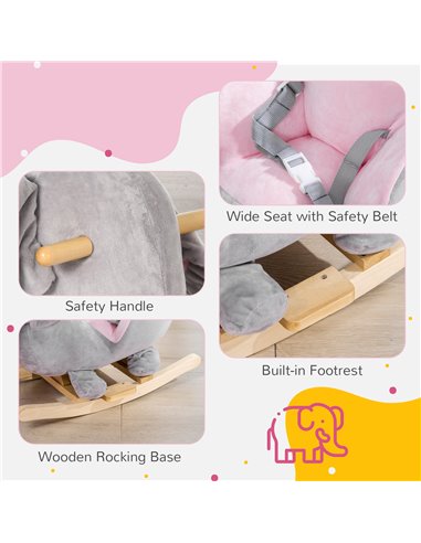 HOMCOM Baby Rocking Horse Elephant Rocking Chair Rocker Toy with Wooden Base Seat Safety Belt for 1.5-3 Year Old, Grey