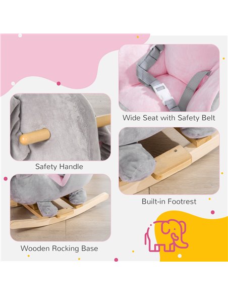 HOMCOM Baby Rocking Horse Elephant Rocking Chair Rocker Toy with Wooden Base Seat Safety Belt for 1.5-3 Year Old, Grey - pic 23952 | FastDaddyshop