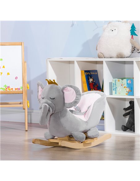 HOMCOM Baby Rocking Horse Elephant Rocking Chair Rocker Toy with Wooden Base Seat Safety Belt for 1.5-3 Year Old, Grey - pic 23953 | FastDaddyshop