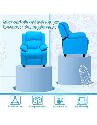 HOMCOM Kids Children Recliner Lounger Armchair Games Chair Sofa Seat PU Leather Look w/ Storage Space on Arms (Blue)