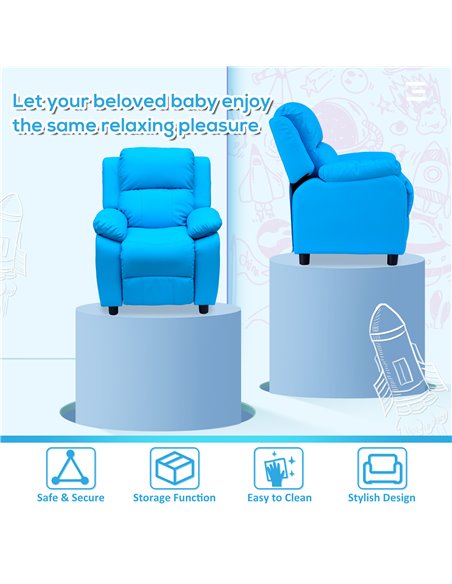 HOMCOM Kids Children Recliner Lounger Armchair Games Chair Sofa Seat PU Leather Look w/ Storage Space on Arms (Blue) - pic 23987 | FastDaddyshop