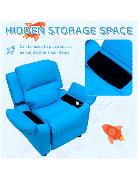 HOMCOM Kids Children Recliner Lounger Armchair Games Chair Sofa Seat PU Leather Look w/ Storage Space on Arms (Blue) - pic 23988 | FastDaddyshop