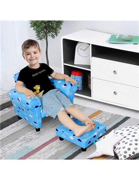 HOMCOM Kids Children Armchair with Footrest, Anti-Slip Legs, Cloud Star Blue - pic 23992 | FastDaddyshop