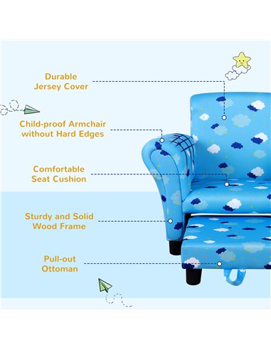 HOMCOM Kids Children Armchair with Footrest, Anti-Slip Legs, Cloud Star Blue