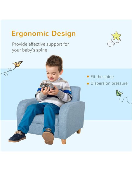 HOMCOM Kids Children Armchair Mini Sofa Wood Frame Anti-Slip Legs High Back Bedroom Playroom Furniture for 3-6 Ages, Blue - pic 24004 | FastDaddyshop