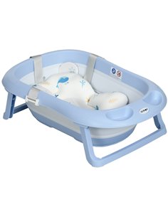 ZONEKIZ Collapsible Bath Tub with Non-Slip Support, Cushion Pad, Drain Plugs, Blue