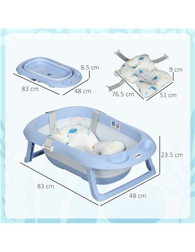 ZONEKIZ Collapsible Bath Tub with Non-Slip Support, Cushion Pad, Drain Plugs, Blue