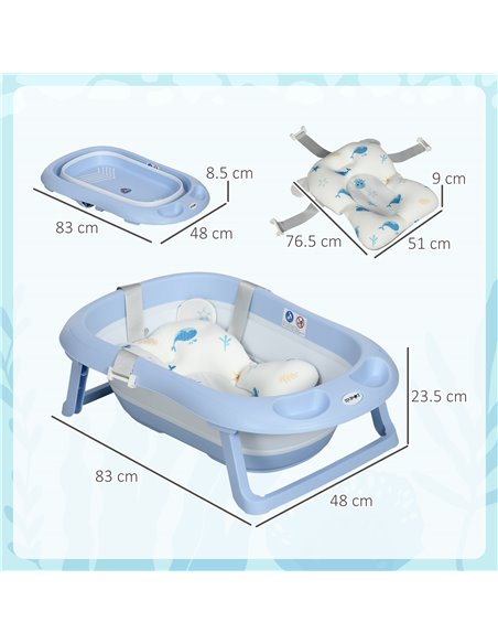ZONEKIZ Collapsible Bath Tub with Non-Slip Support, Cushion Pad, Drain Plugs, Blue - pic 24020 | FastDaddyshop