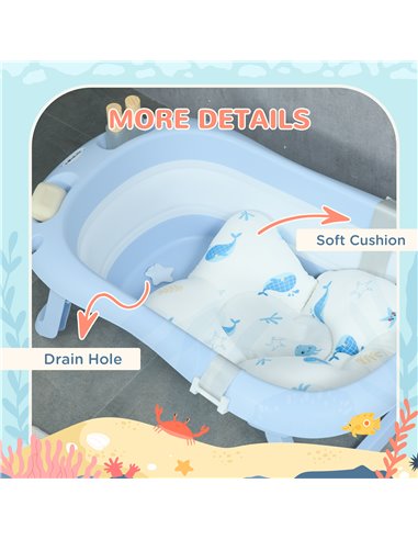ZONEKIZ Collapsible Bath Tub with Non-Slip Support, Cushion Pad, Drain Plugs, Shower Head Holder, Storage Compartments