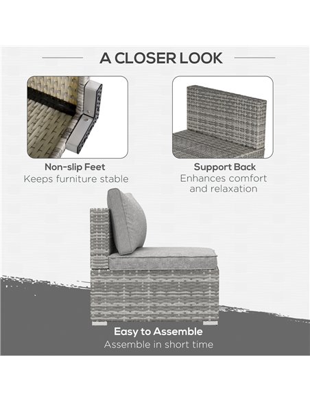 Outsunny Outdoor Garden Furniture Rattan Single Middle Sofa with Cushions for Backyard Porch Garden Poolside Light Grey - pic 24068 | FastDaddyshop