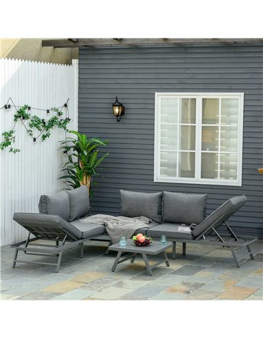 Outsunny 3 Pcs Garden Seating Set with Convertible Sofa, Lounge Table, Padded Cushions, Grey