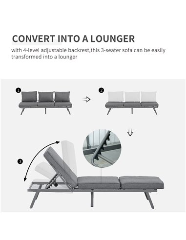 Outsunny 3 Pcs Garden Seating Set with Convertible Sofa, Lounge Table, Padded Cushions, Grey