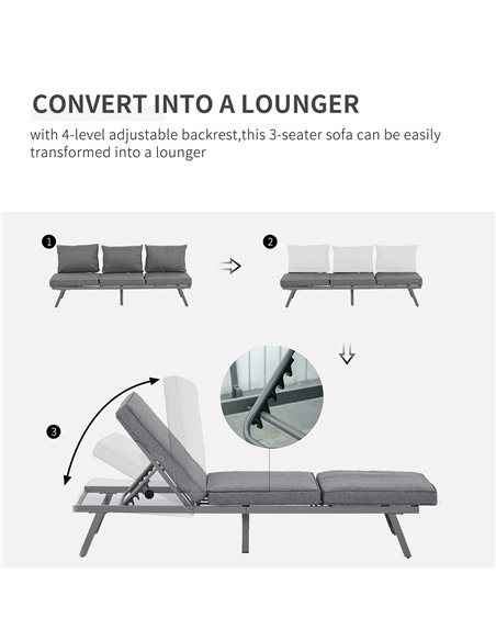 Outsunny 3 Pcs Garden Seating Set with Convertible Sofa, Lounge Table, Padded Cushions, Grey - pic 24147 | FastDaddyshop