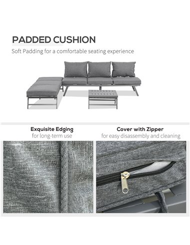 Outsunny 3 Pcs Garden Seating Set w/ Convertible Sofa Lounge Table Padded Cushions Outdoor Patio Furniture Couch Grey