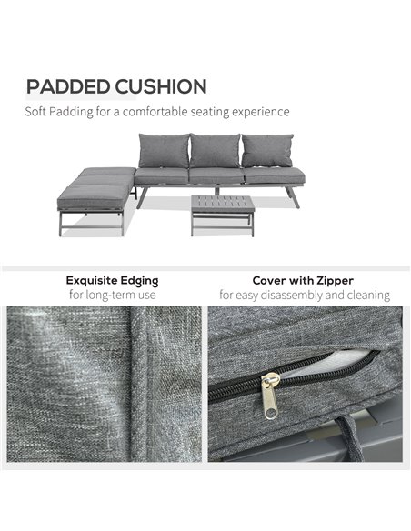 Outsunny 3 Pcs Garden Seating Set w/ Convertible Sofa Lounge Table Padded Cushions Outdoor Patio Furniture Couch Grey - pic 24149 | FastDaddyshop