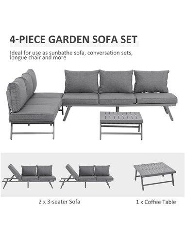 Outsunny 3 Pcs Garden Seating Set w/ Convertible Sofa Lounge Table Padded Cushions Outdoor Patio Furniture Couch Grey