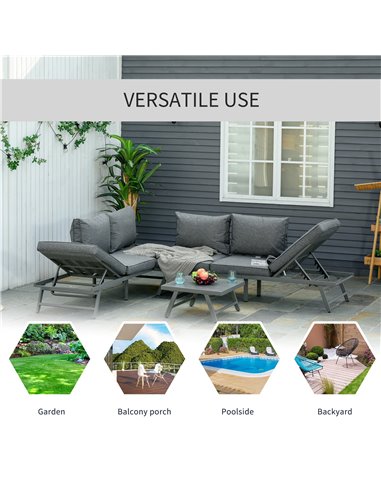 Outsunny 3 Pcs Garden Seating Set w/ Convertible Sofa Lounge Table Padded Cushions Outdoor Patio Furniture Couch Grey