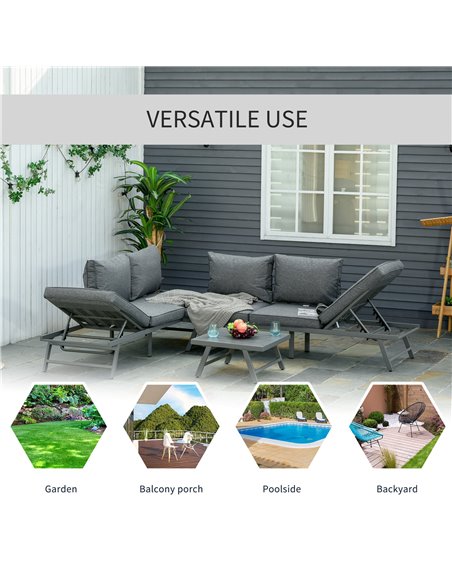 Outsunny 3 Pcs Garden Seating Set w/ Convertible Sofa Lounge Table Padded Cushions Outdoor Patio Furniture Couch Grey - pic 24151 | FastDaddyshop