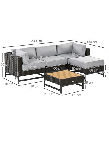 Outsunny 5 Pieces Outdoor PE Rattan Corner Sofa, with Cushions, Table, Grey