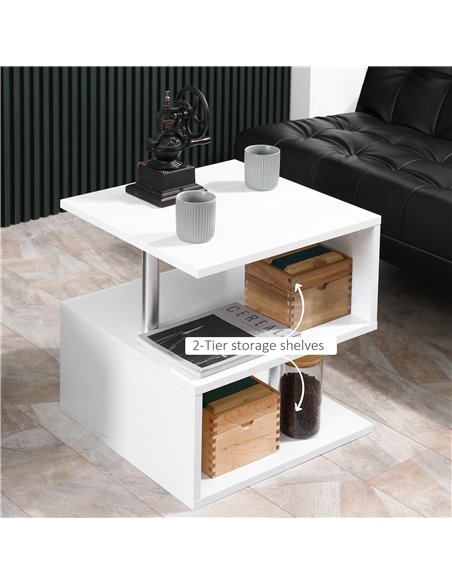 HOMCOM Coffee End Table S shape 2 Tier Storage Shelves Organizer, White - pic 24174 | FastDaddyshop