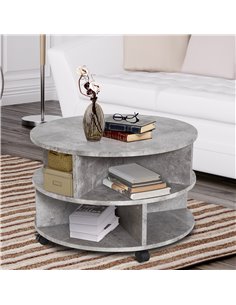 HOMCOM 2 Tier Round Side End Table, Coffee Desk with Divided Shelves, Wheels, Cement colour 2