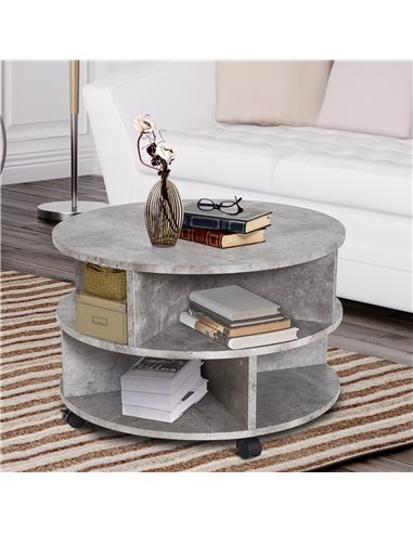 HOMCOM 2 Tier Round Side End Table, Coffee Desk with Divided Shelves, Wheels, Cement colour