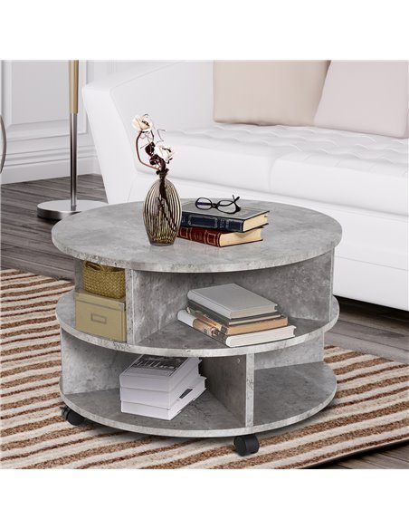 HOMCOM 2 Tier Round Side End Table, Coffee Desk with Divided Shelves, Wheels, Cement colour - pic 24190 | FastDaddyshop