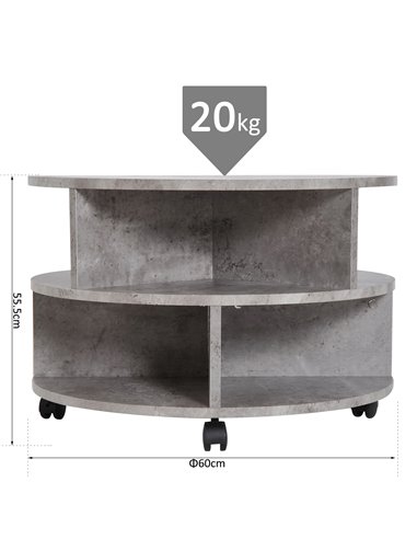 HOMCOM 2 Tier Round Side End Table, Coffee Desk with Divided Shelves, Wheels, Cement colour