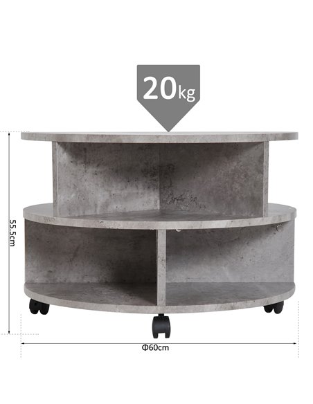 HOMCOM 2 Tier Round Side End Table, Coffee Desk with Divided Shelves, Wheels, Cement colour - pic 24191 | FastDaddyshop