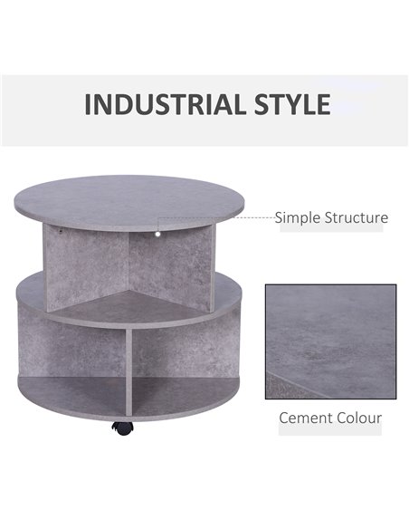 HOMCOM 2 Tier Round Side End Table, Coffee Desk with Divided Shelves, Wheels, Cement colour - pic 24192 | FastDaddyshop