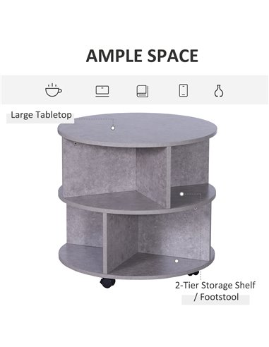 HOMCOM 2 Tier Round Side End Table, Coffee Desk with Divided Shelves, Wheels, Cement colour