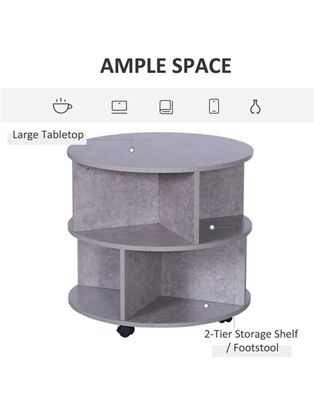 HOMCOM 2 Tier Round Side End Table, Coffee Desk with Divided Shelves, Wheels, Cement colour - pic 24194 | FastDaddyshop