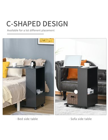 HOMCOM Mobile Sofa Side Table, C-Shape End Table with Storage and Casters, Black